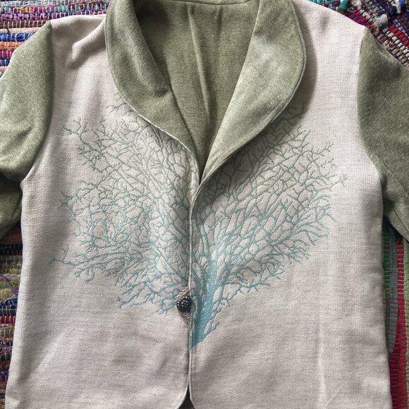Unique Boho Fantasy Tree of Life Jacket Single Button Emblishment Sage Teal Blue - Picture 7 of 12